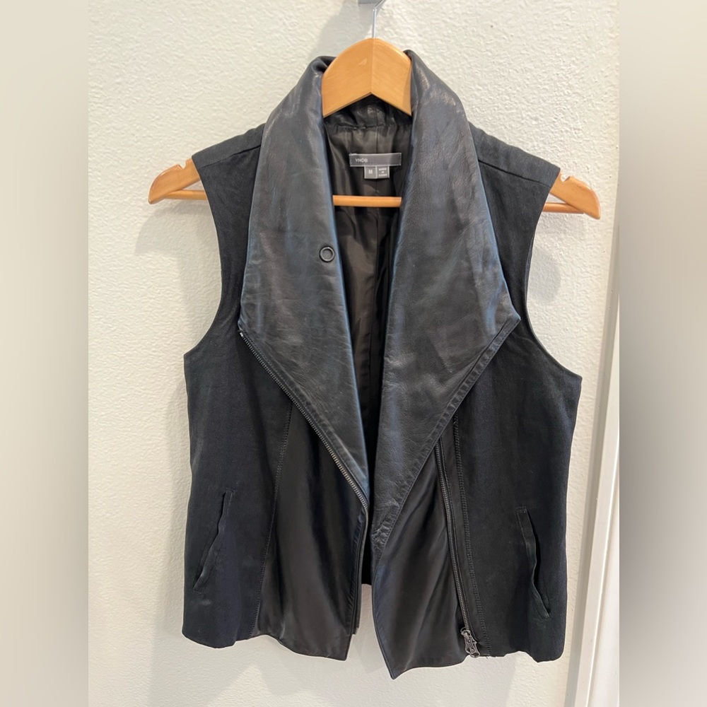 Vince black linen vest with real leather collar and trim detail. Size Medium